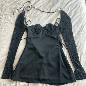 Black Beaded Sleeve Bustier Mini Dress with Satin Body